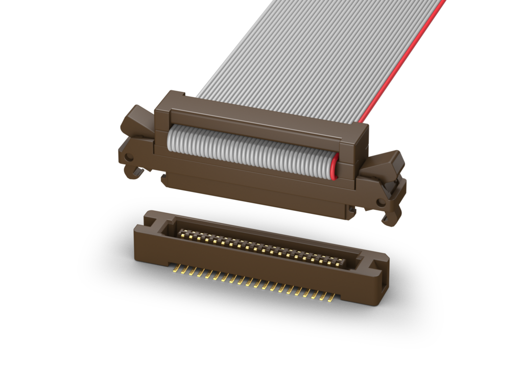8925E Series connector with grey ribbon cable and latching ejectors, above its board-mounted receptacle
