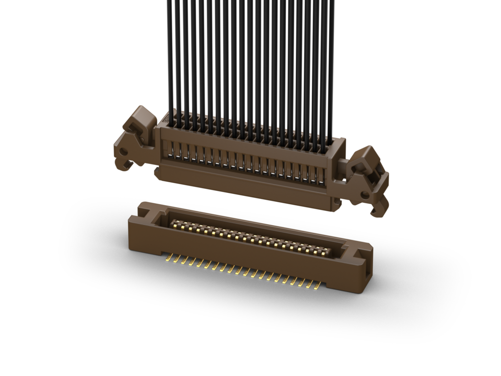 8929E Series connector with discrete black wires and latching ejectors, above its board-mounted receptacle