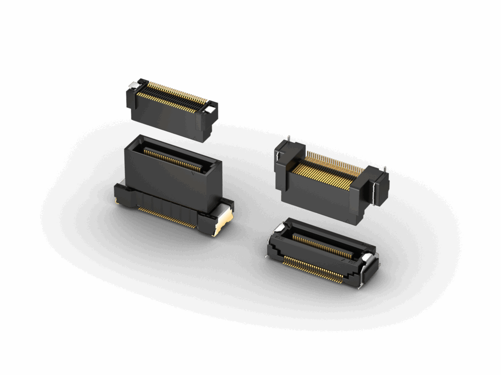 Four DT-FS Series floating board-to-board connectors shown from different angles