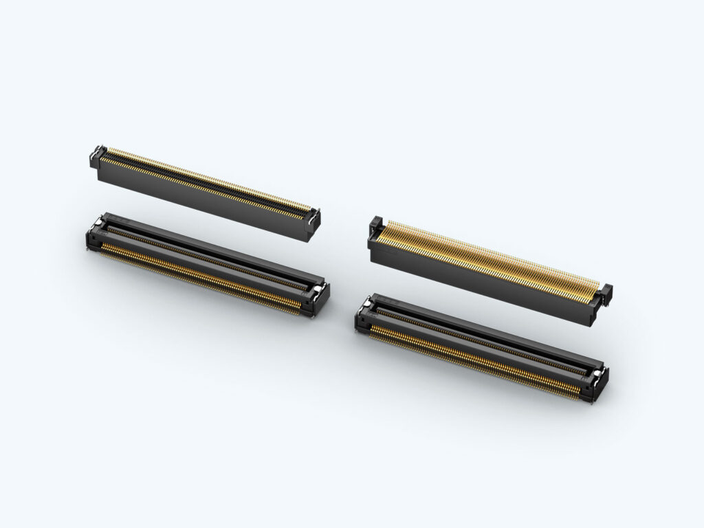 Four DU Series floating board-to-board connectors with gold-plated contact rows