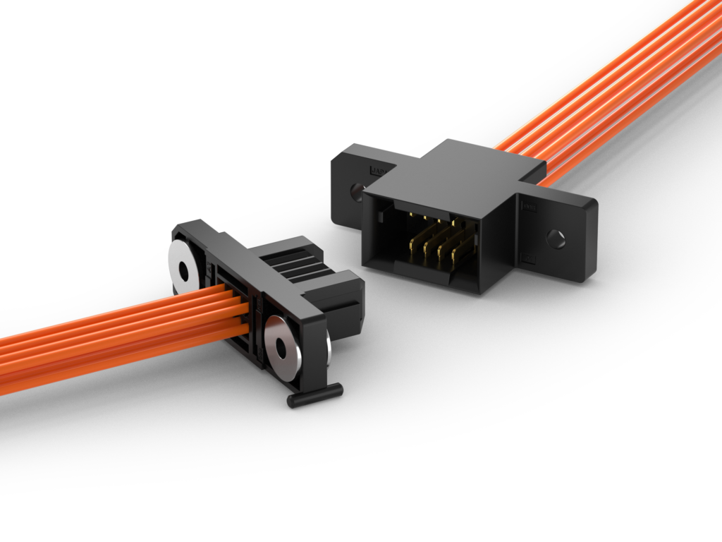 FA Series drawer connector plug and receptacle with screw flanges, on orange flat cable