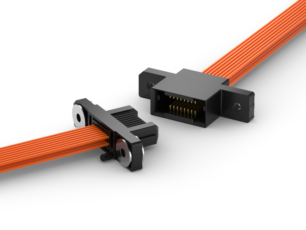 FAS Series drawer connector: right-angle PCB plug and cable-side receptacle with screw flanges, on orange flat cable