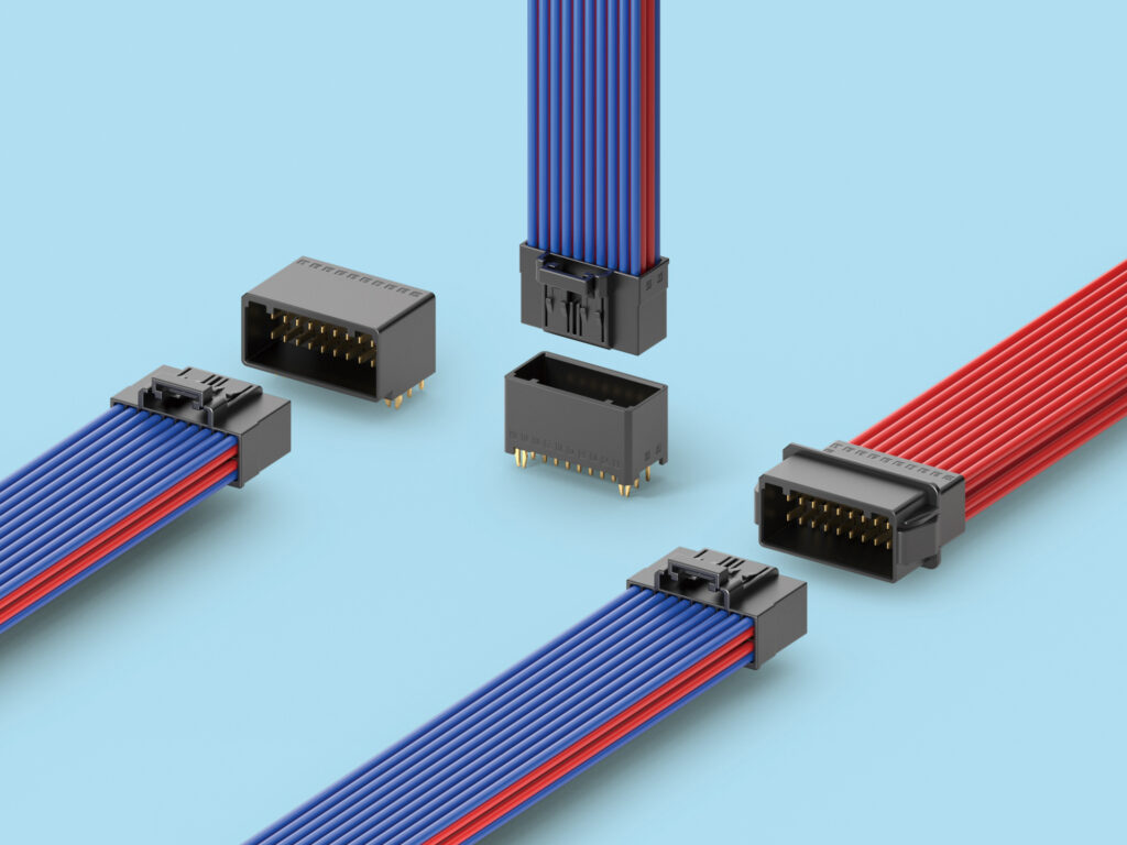 FTCS Series crimp cable connectors with red and blue wire harnesses, beside two board-mounted headers