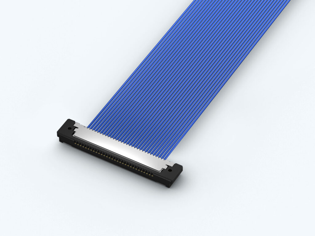 USLS Series micro-coaxial cable connector terminated to a blue ribbon coaxial harness