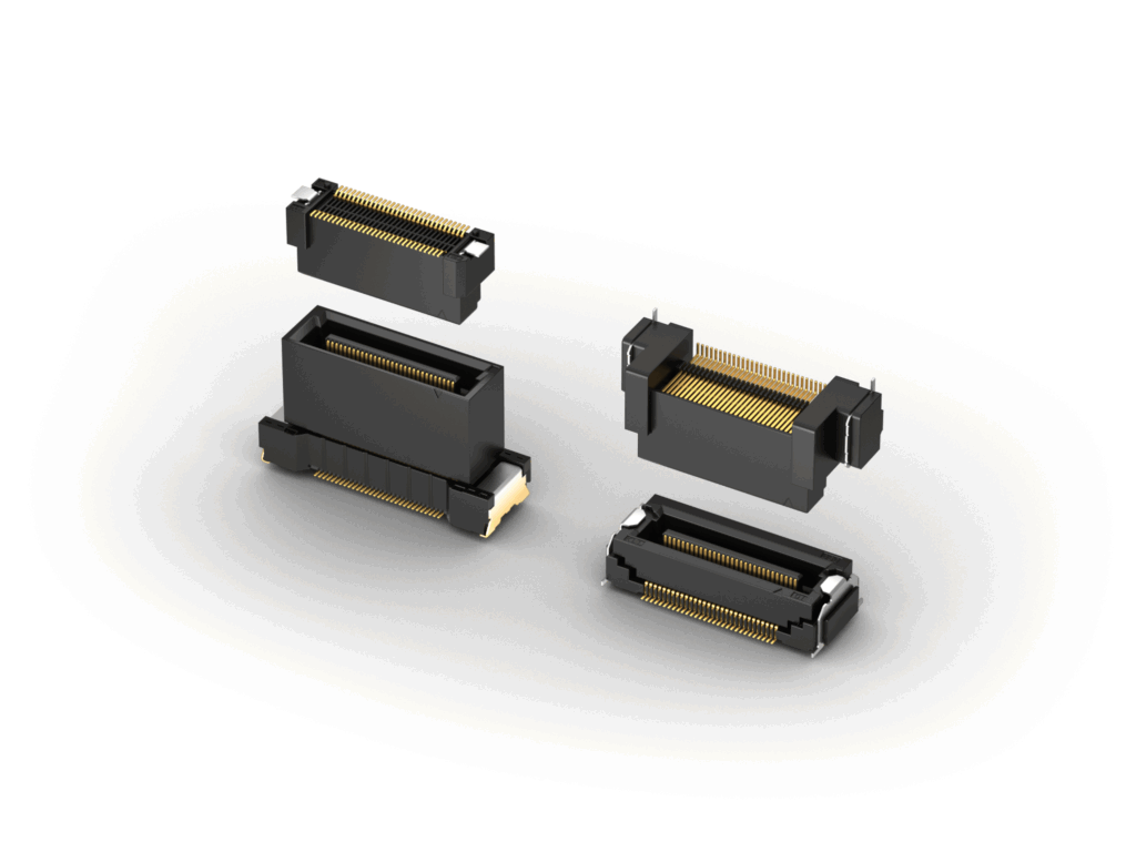 Four DT-E-FS Series floating board-to-board connectors shown from different angles
