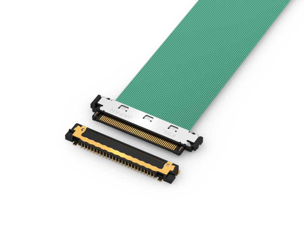 XSL Series 0.25 mm pitch micro-coaxial connector pair with a green ribbon coaxial harness